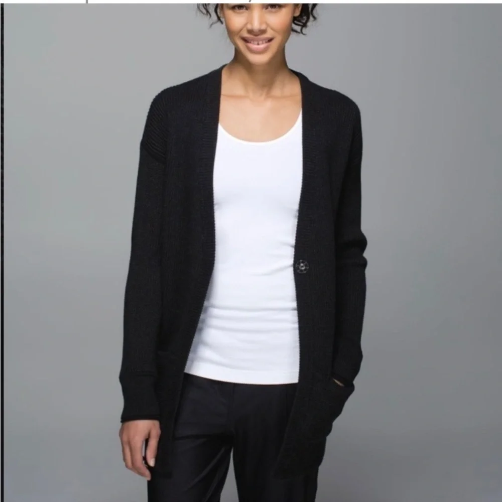 Lululemon We Like To Cardi Heathered Black Knit Cardigan Sweater One Snap Long